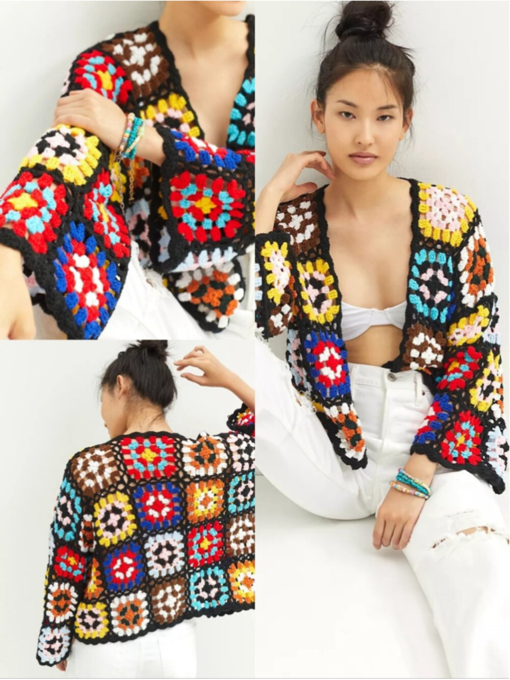 Anthropologie Colorblocked Square Crochet Cardigan One Size Fits Large Open Knit
